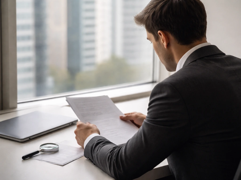 Anonymous professional reviewing documents with a magnifying glass in a minimal finance office setting.