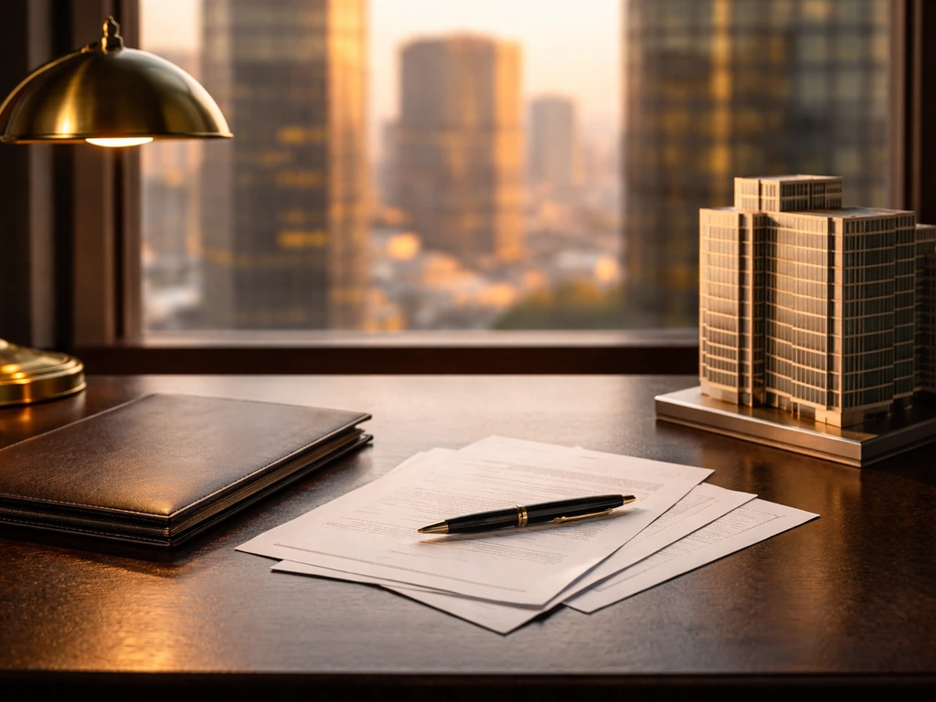 Minimal finance desk with portfolio, pen, blank papers, and blurred city skyline through a window.