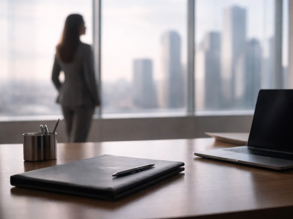 Minimal office scene symbolizing high finance and corporate leadership, with a city view and business desk items