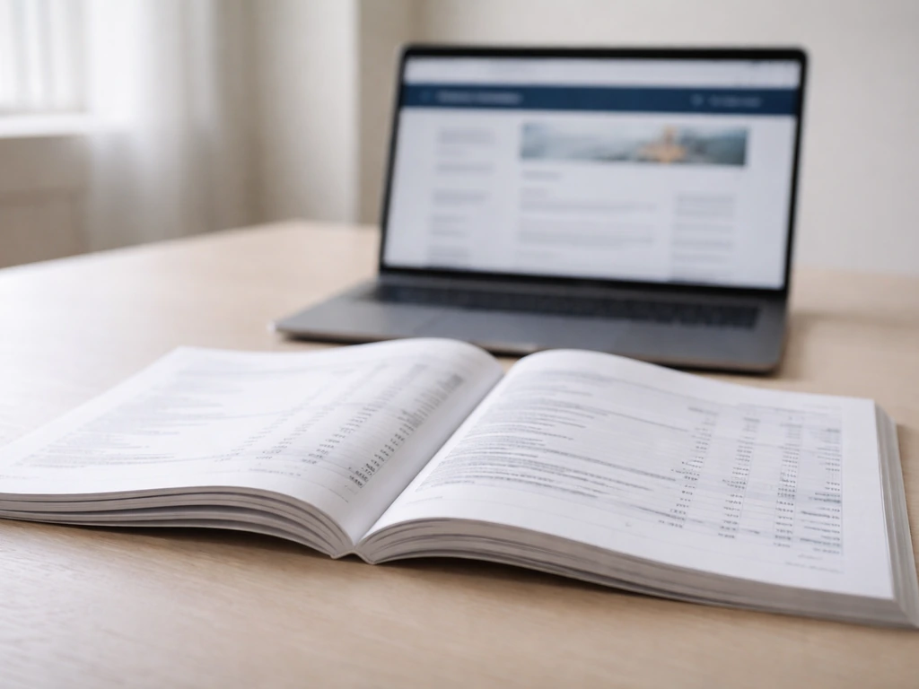 Open financial annual report on a desk with a laptop showing an investor-relations web page