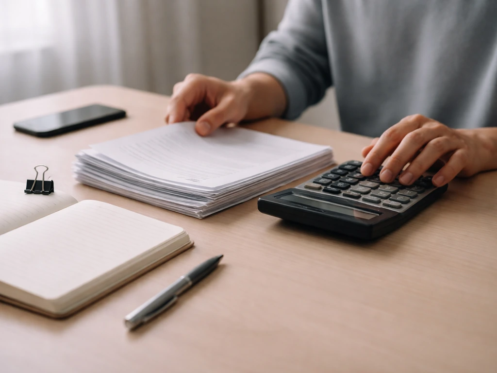 Person reviewing financial documents and a calculator on a desk, symbolic checklist for updating net worth.