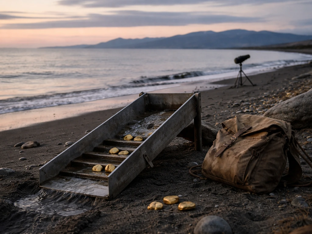 Nome, Alaska shoreline at dusk with a gold-mining vibe, symbolizing wealth and public-record verification