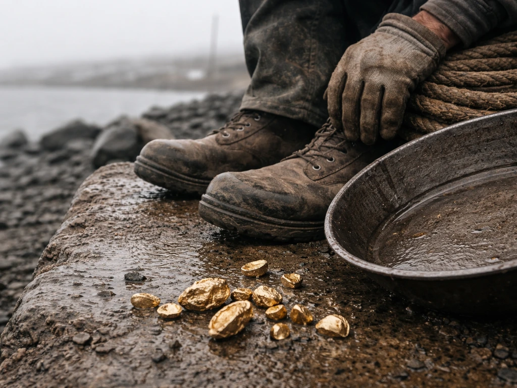 Weathered gold-mining gear and nuggets near a foggy Nome, Alaska shoreline, documentary close-up.
