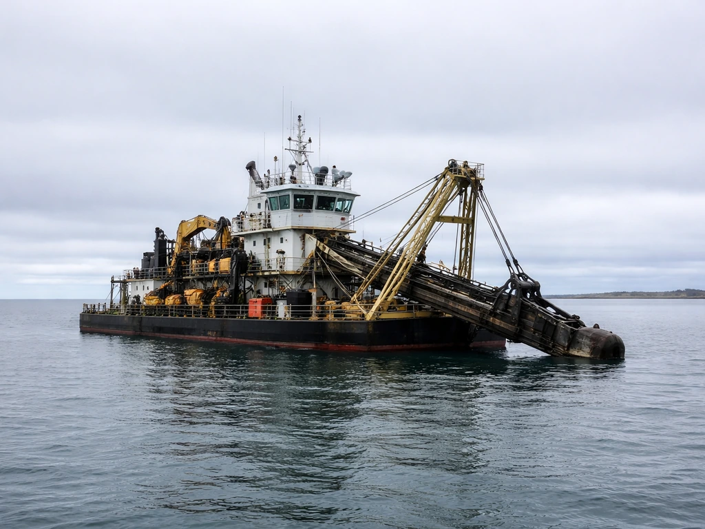 AU Grabber dredge on calm water near Nome, Alaska, showing the work deck and machinery clearly.