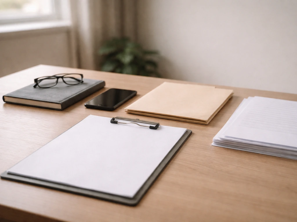 Minimal due-diligence desk scene with blank documents, glasses, and a checklist-like clipboard in natural light.