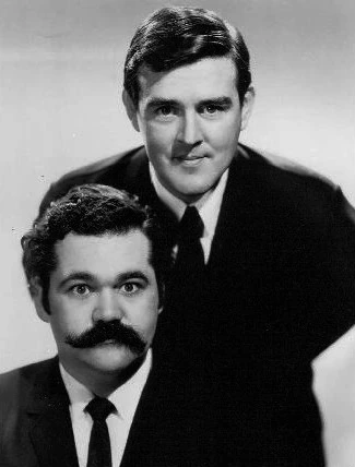 Black-and-white portrait of Avery Schreiber with Jack Burns