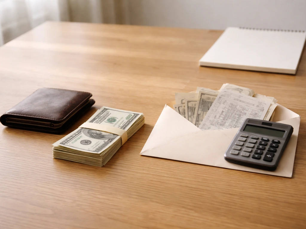 Sunlit office desk with cash, a notepad, and a calculator beside a small envelope, symbolizing assets and liabilities