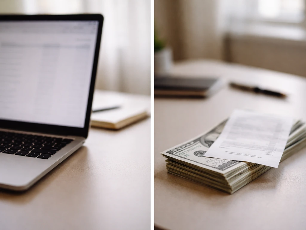 Two desk items symbolizing competing net-worth estimates: a laptop and a stack of cash receipts.