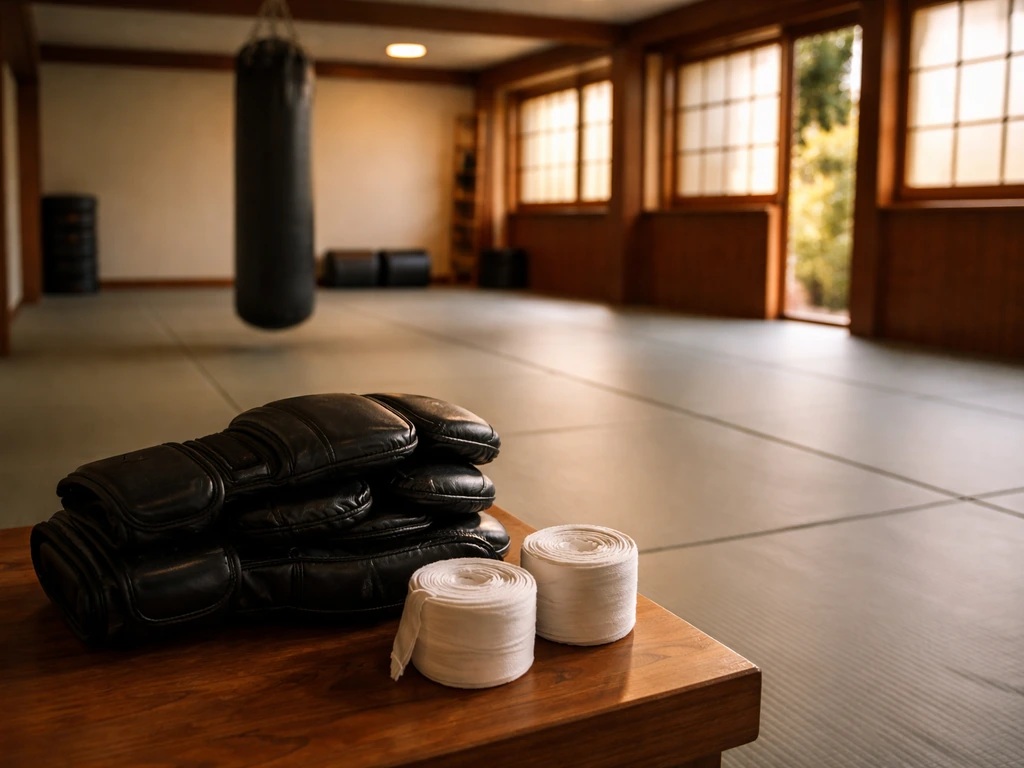 Black-and-red martial arts gym training space with a focus on MMA gear and calm atmosphere