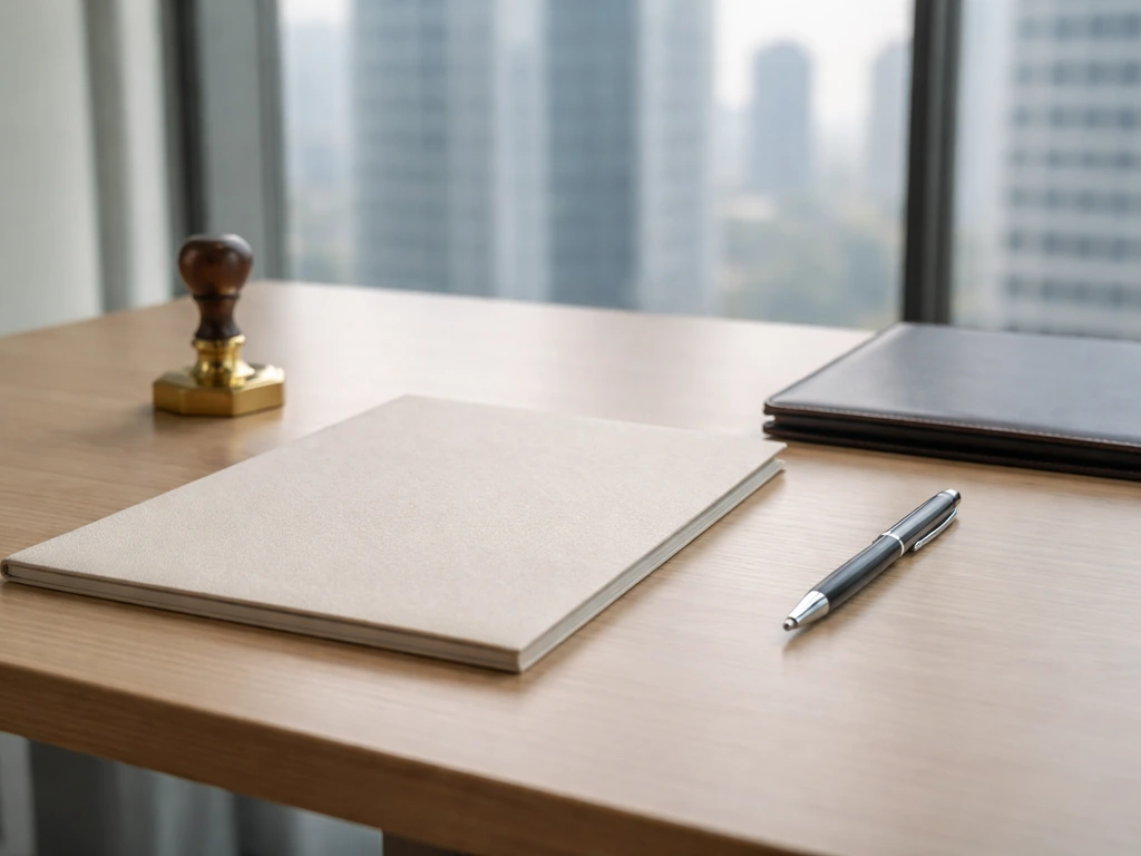 Minimal photo of a modern desk with a contract folder, brass stamp, and a muted city view outside
