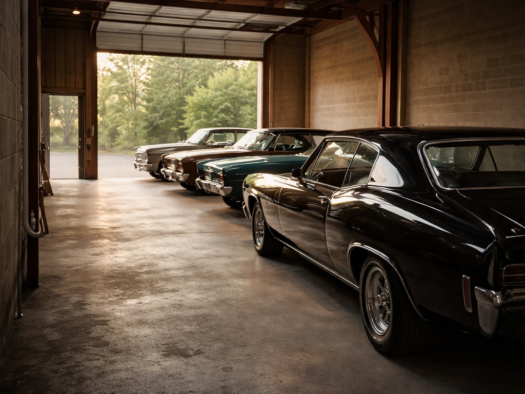 Minimal view of a private Canadian garage with classic cars parked inside and daylight pouring in.