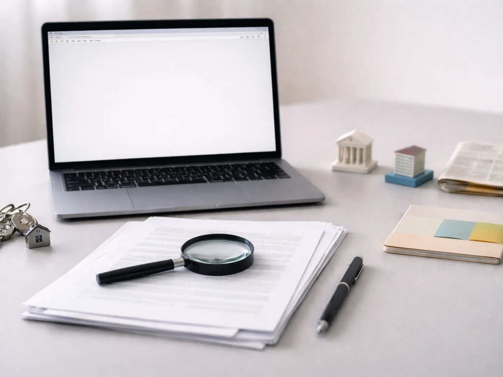 Minimal desk scene with laptop, documents, and folder showing research steps using public records symbols