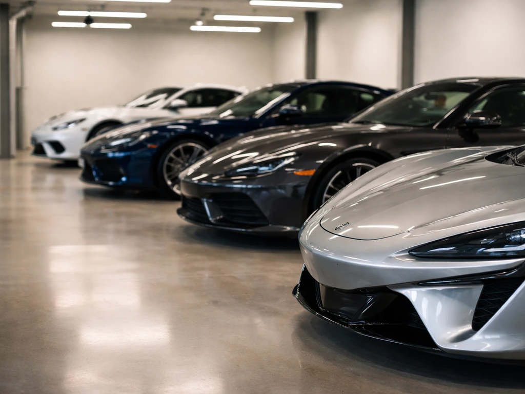 Luxury cars lined up in a minimal garage, highlighting them as a valuable collection asset.