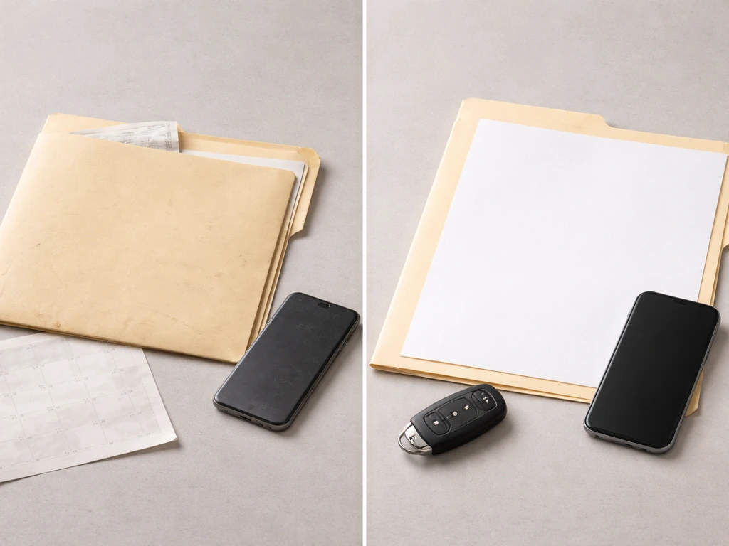 Split scene of an outdated paper folder and a current email printout on a desk beside a car key
