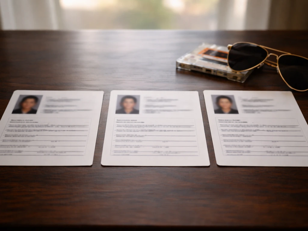 Three blurred ID-style documents on a wooden desk with a cassette tape and sunglasses, no people visible.