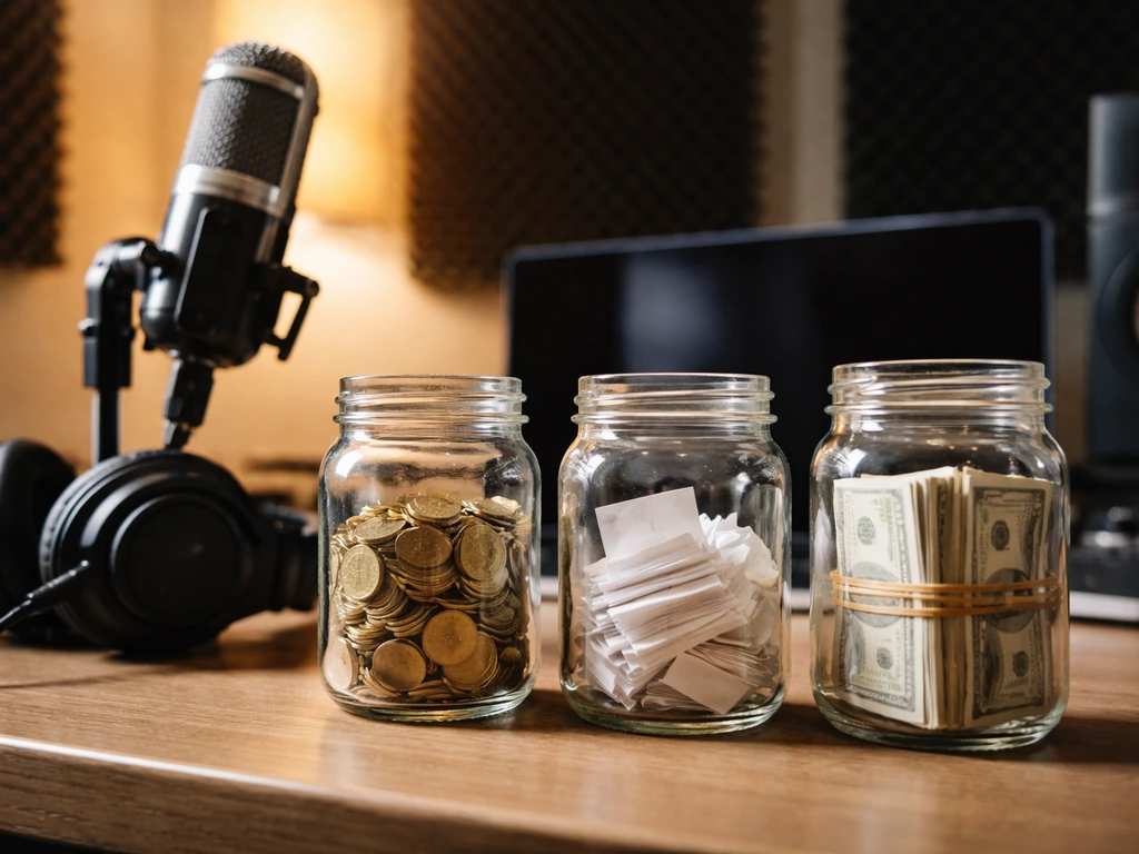Minimal studio desk with microphone and headphones next to jars of coins and cash, symbolizing music income inputs.