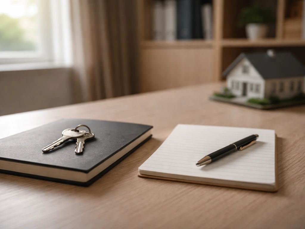 Minimal real estate office desk with keys and a notebook, softly lit to suggest professional experience