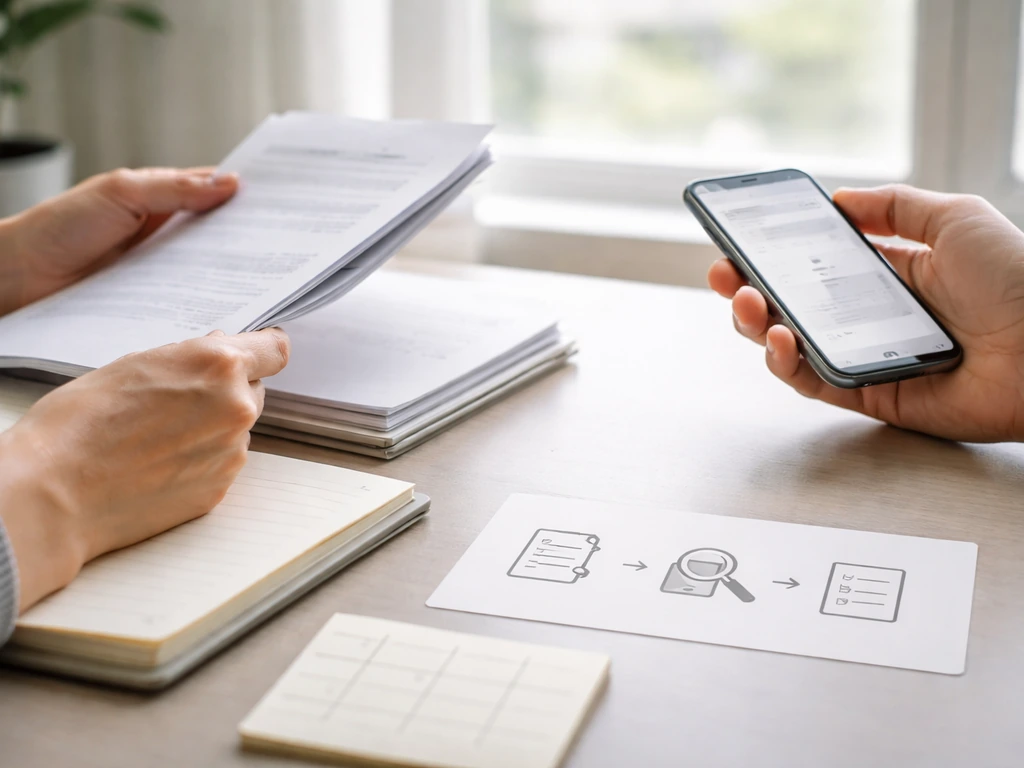 Anonymous hands comparing blank documents and a phone checklist on a minimal desk.