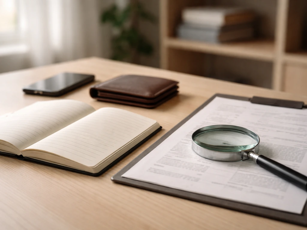 Magnifying glass over a net-worth research desk with a notebook, wallet, and blurred investment paperwork.