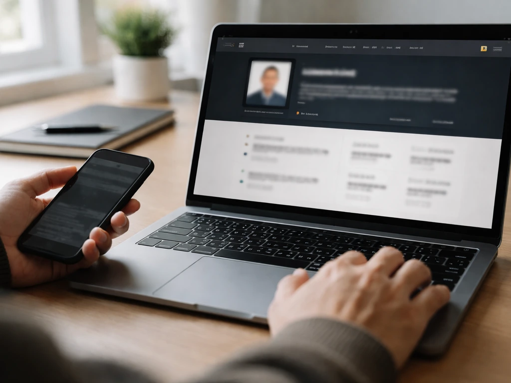 Close-up of a laptop and smartphone showing a generic finance profile page theme for credibility research