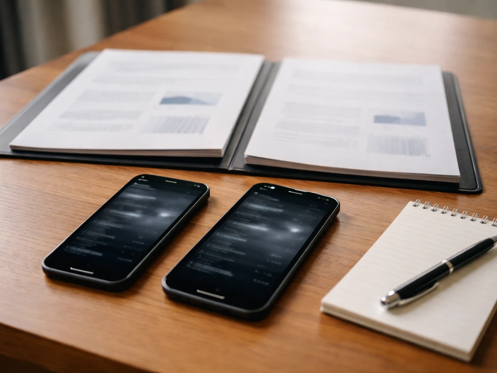 Minimal desk scene with two phones and documents suggesting conflicting finance estimates.