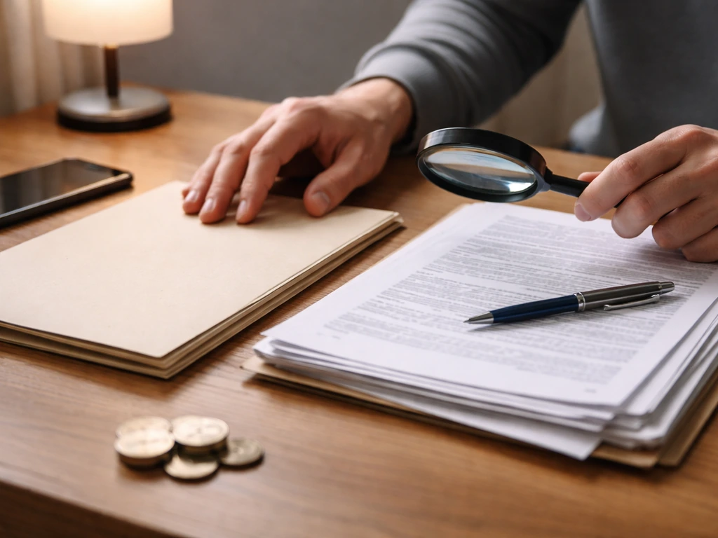 Hands inspecting blank financial documents with a magnifying glass on a minimal desk.