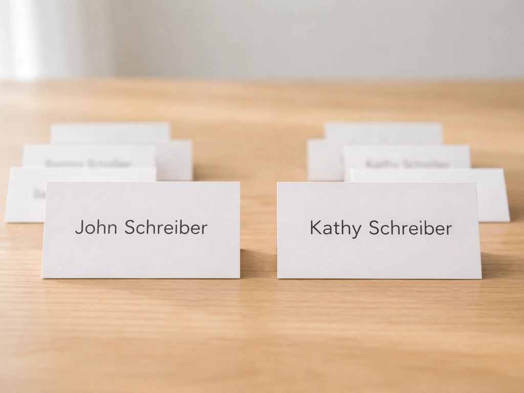 Two name cards labeled John Schreiber and Kathy Schreiber with blurred alternative names beside them