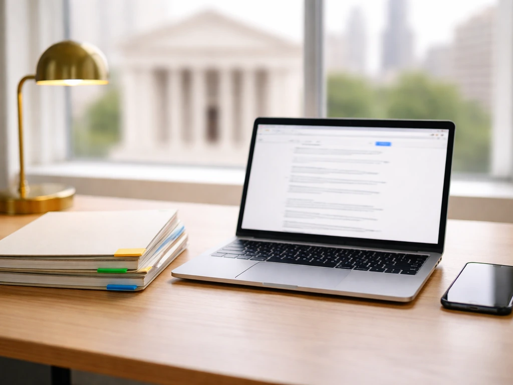 Documents, laptop, and phone on a sunny desk, suggesting verified public finance filings.