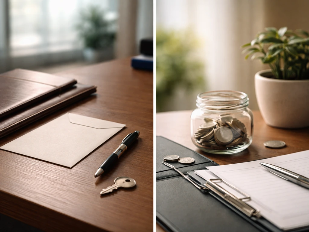 Split photo: desk documents and keys on left; donation jar and investment binder on right.