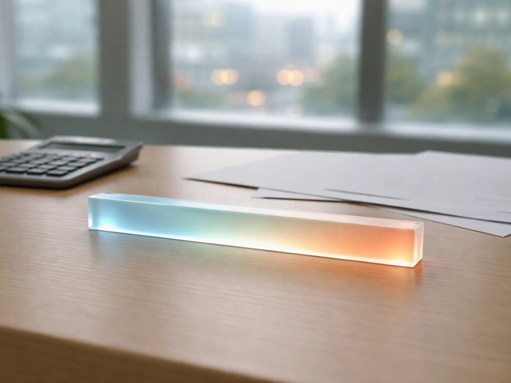 A glass range strip with subtle gradient on a desk beside a calculator, symbolizing a best-estimate range.