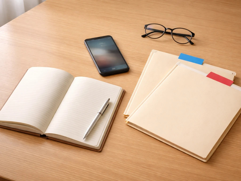 Minimal photo of a tidy desk with smartphone, notebook, and two folders for name-disambiguation checklist