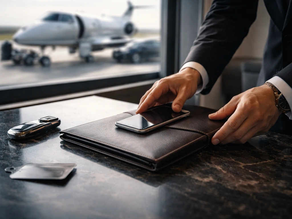 Anonymous concierge hands coordinate luxury travel on a desk with a private jet and car nearby.