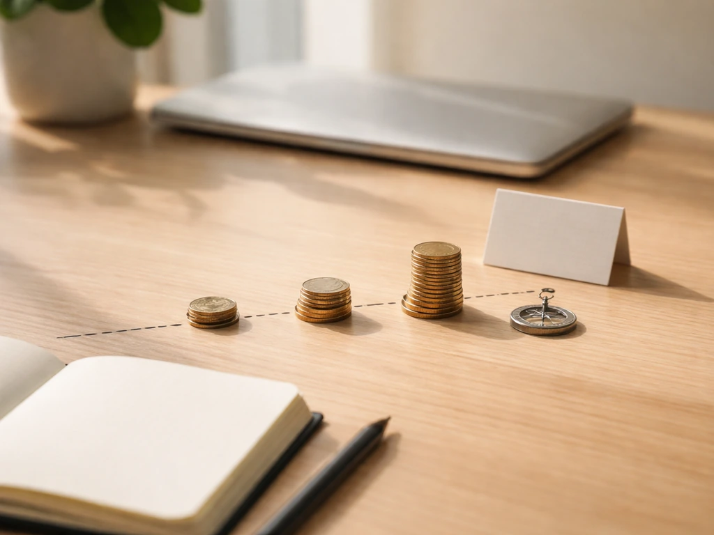 Minimal office scene with a closed laptop, notebook, and neatly stacked coins suggesting a wealth timeline