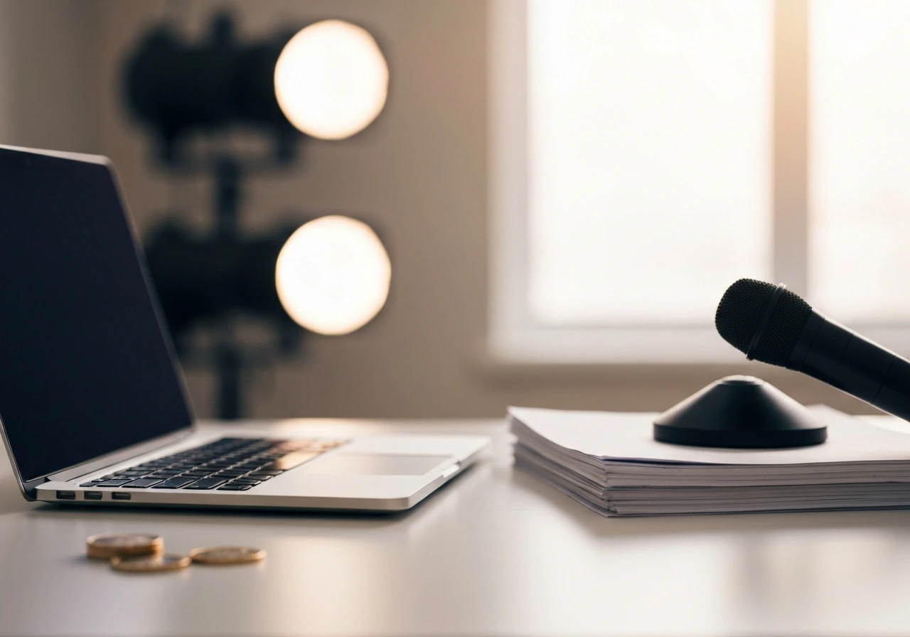 Minimal executive-style desk with a media-themed laptop, subtle gaming/media cues, and a sense of financial analysis.