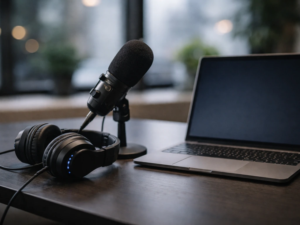 Minimal photo of a gaming/media executive workplace: headset, microphone, and laptop in a modern office.