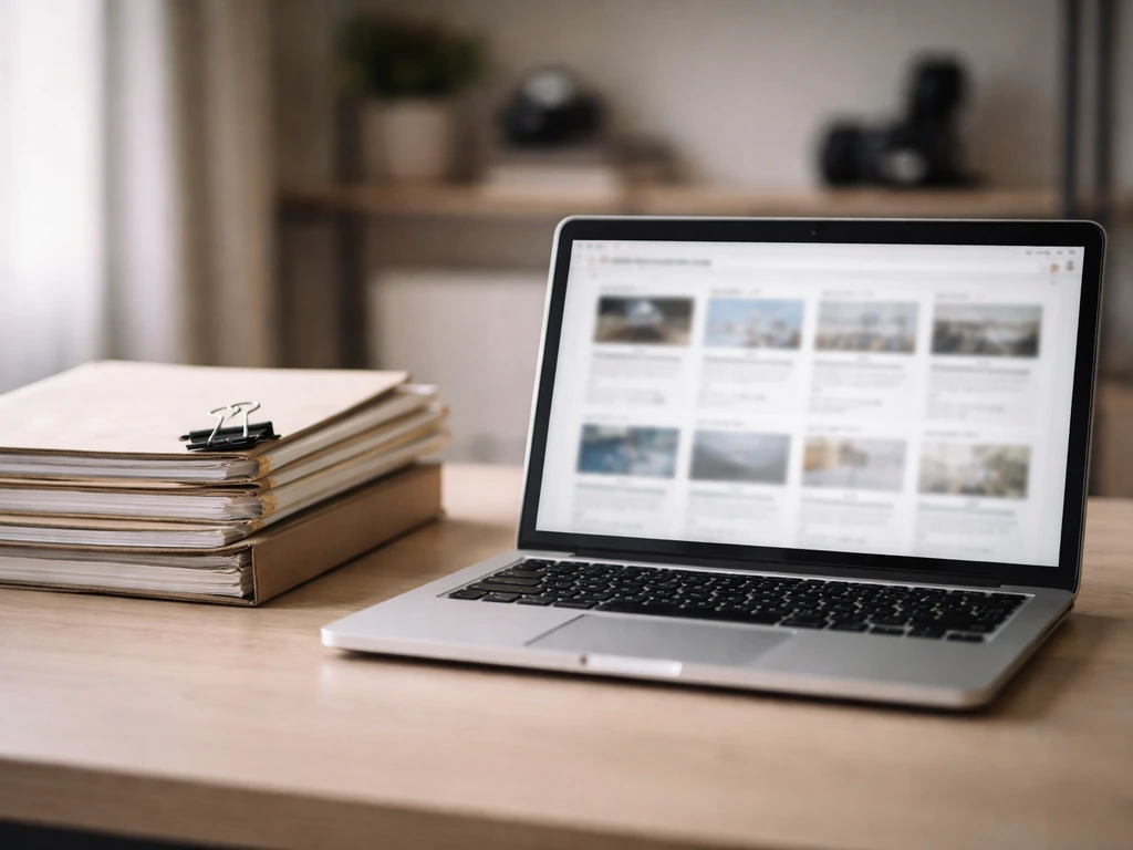Minimal office scene showing archived corporate documents and an open web browser with media company filing tabs