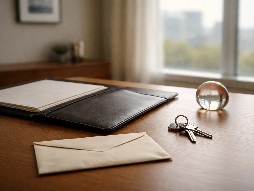Minimal investment desk with blank documents, keyring, and a glass paperweight by a window.