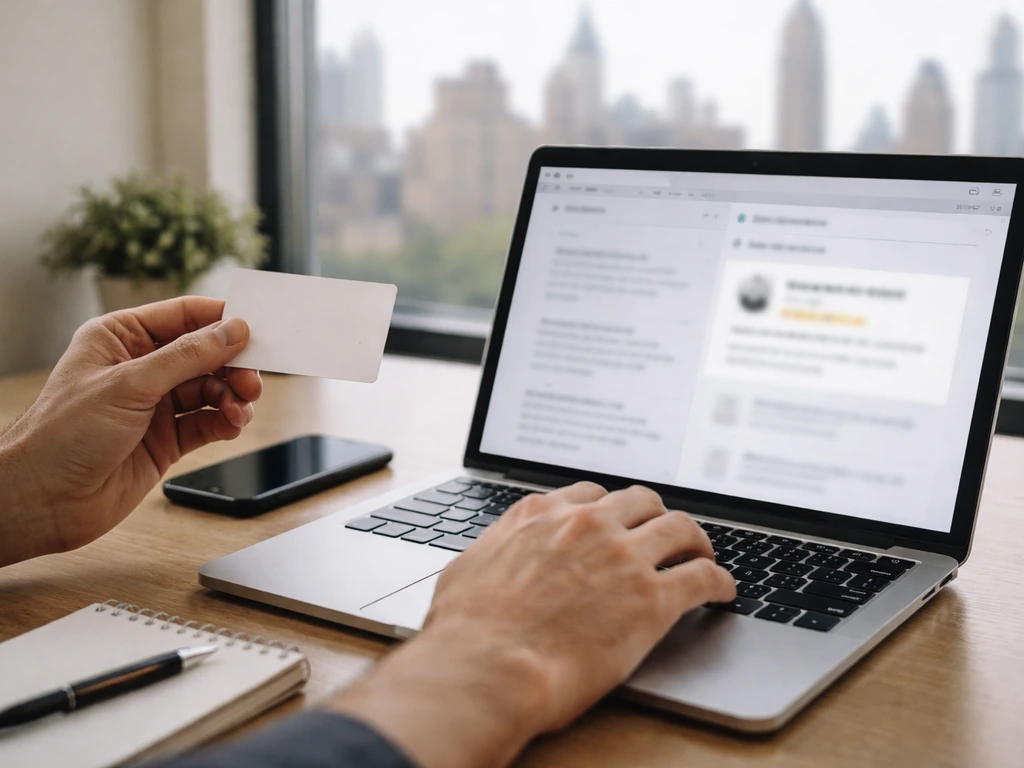 Person comparing a business card name with a company email match on a laptop, verification workflow scene.