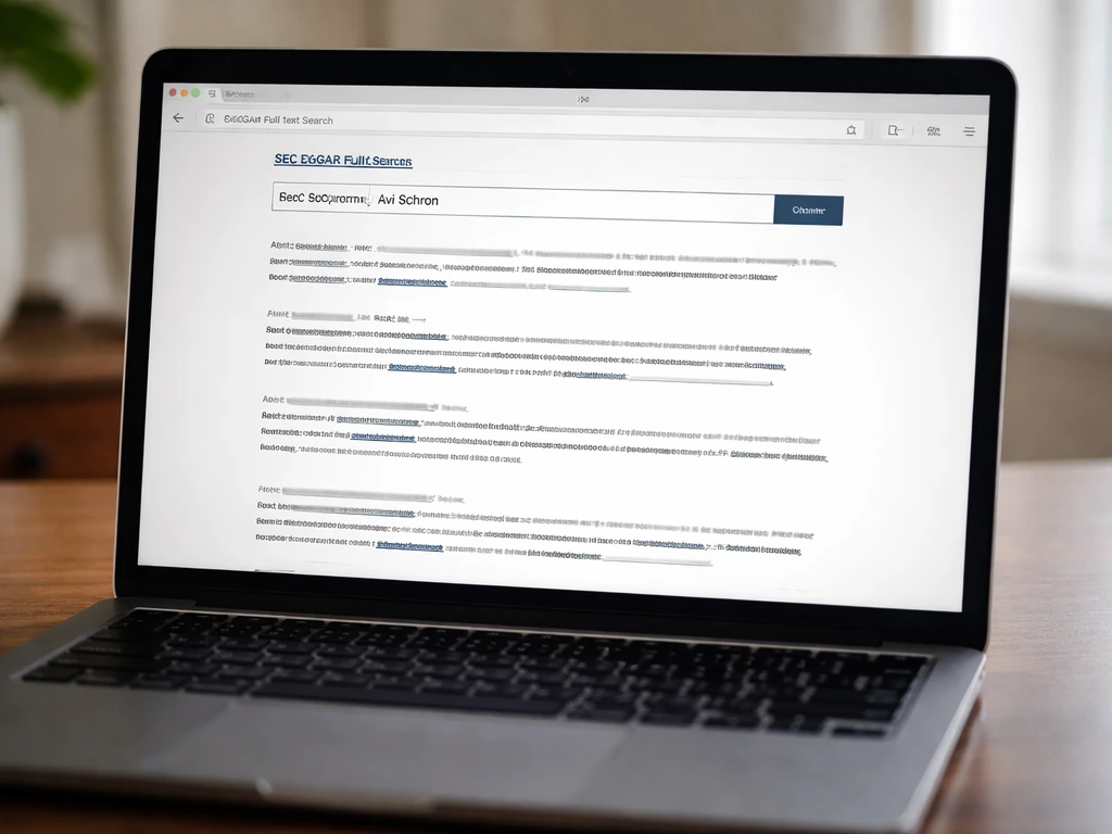 Laptop screen showing SEC EDGAR full-text search results for a query related to Avi Schron.