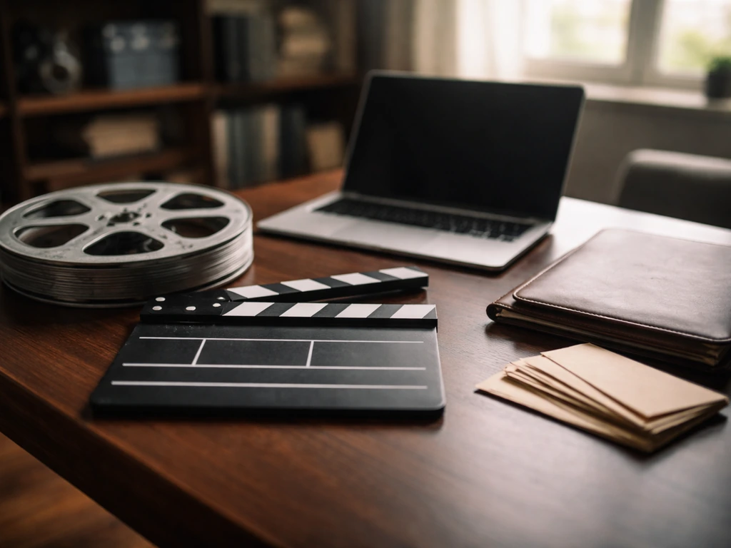 Minimal studio desk scene with a vintage film reel, cash envelopes, and a laptop, symbolizing a screenwriter’s net worth