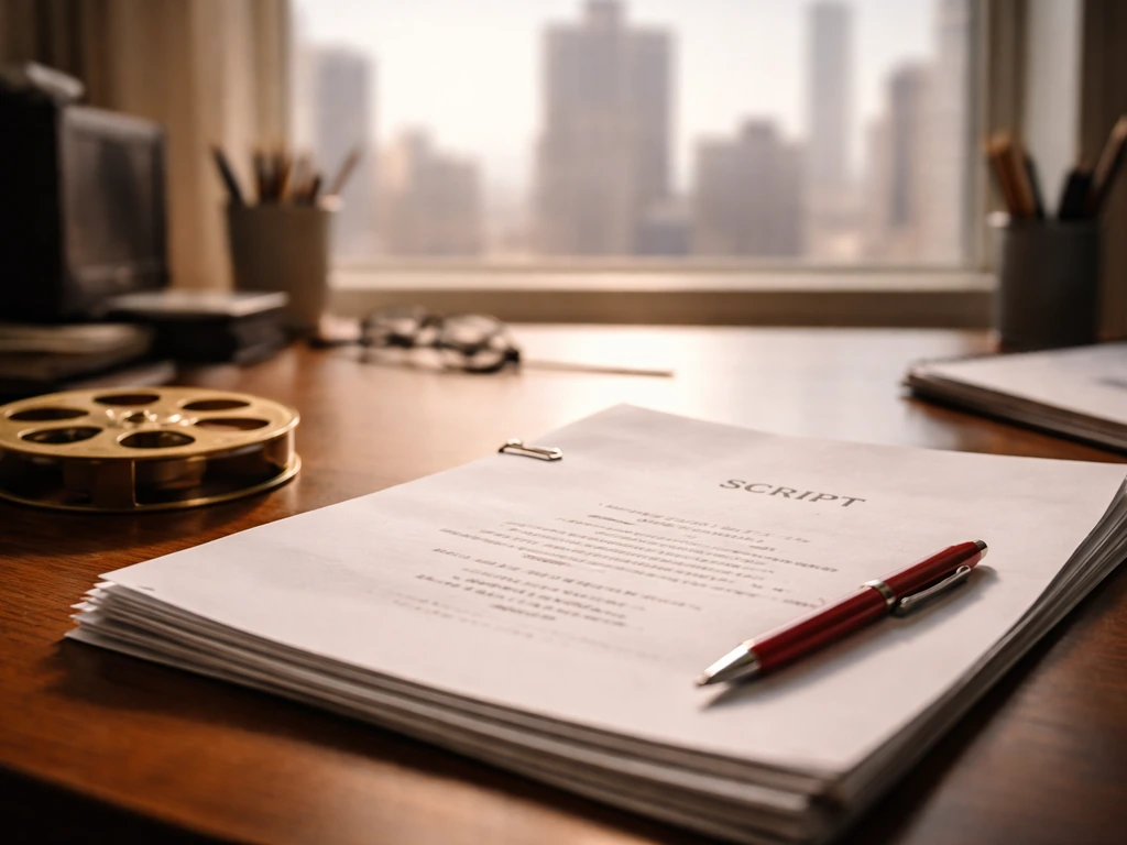 Minimal film office desk with script pages, pen, and a small film reel under natural light.