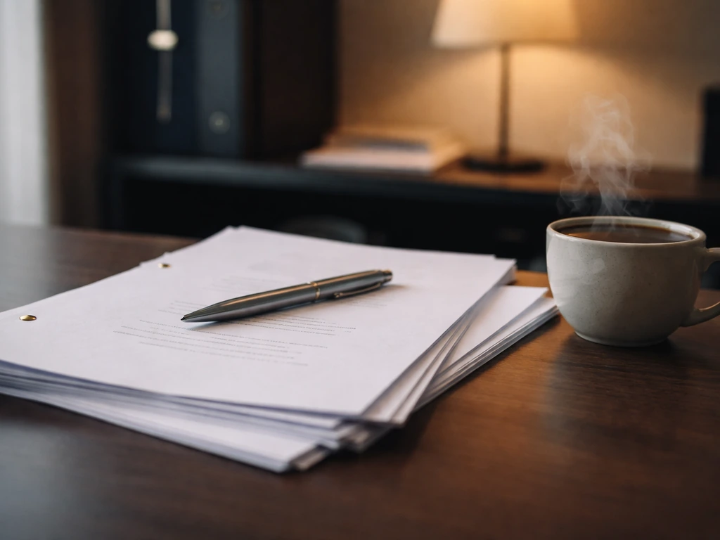 Close-up of handwritten screenplay pages on a desk with a pen and coffee cup, symbolizing writing fees.