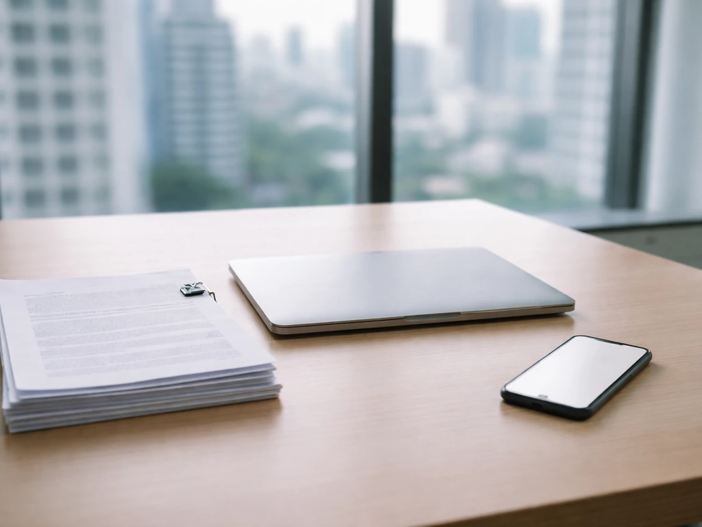 Minimal office desk with a laptop and documents, symbolizing net worth verification and business filings.