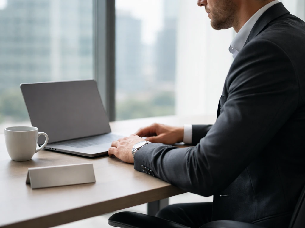 Anonymous executive in a modern office, looking at a laptop, with soft daylight and a blurred city view.