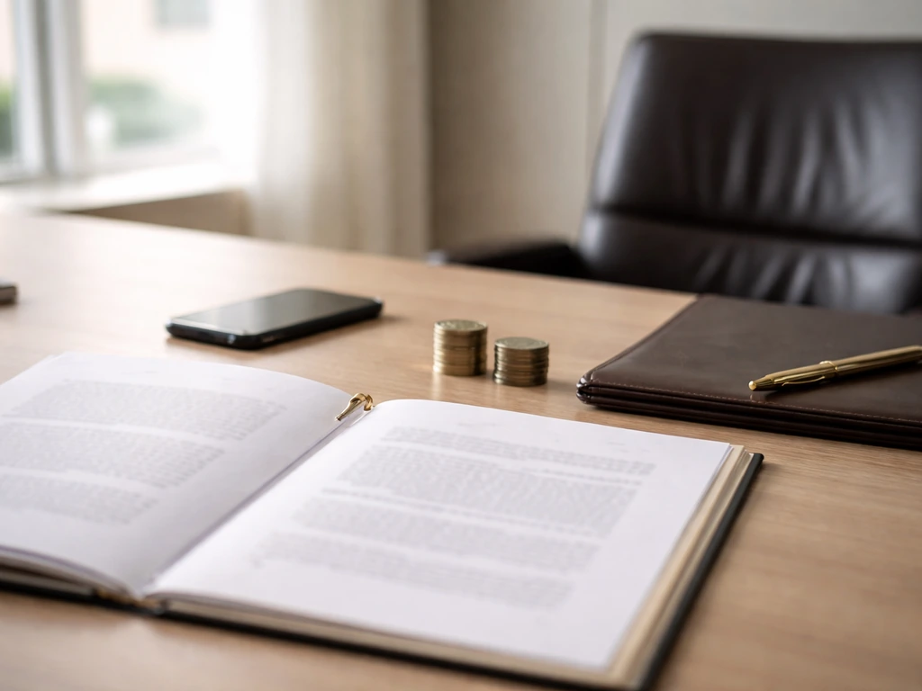 Minimal office desk with documents, a phone, a coin stack, and a pen symbolizing compensation components.