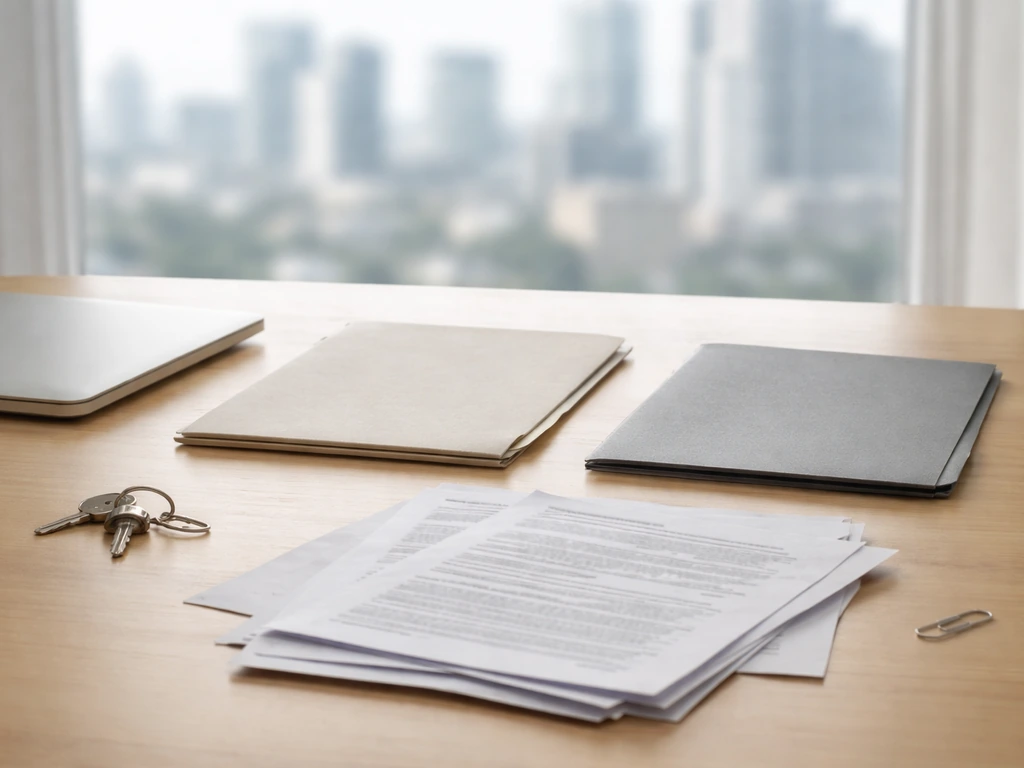Minimal desk scene with folders and documents suggesting comparing records to verify identity.