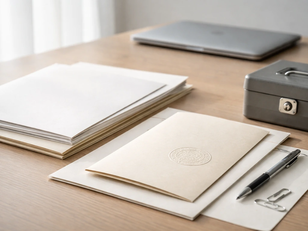 Minimal desk scene with SEC-style documents, investment contract papers, and a small lockbox near a laptop