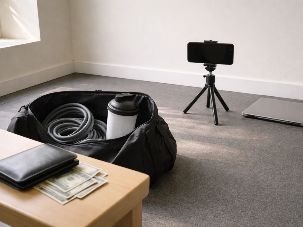 Gym workout scene with fitness influencer gear and cash-like prop on a clean studio setup