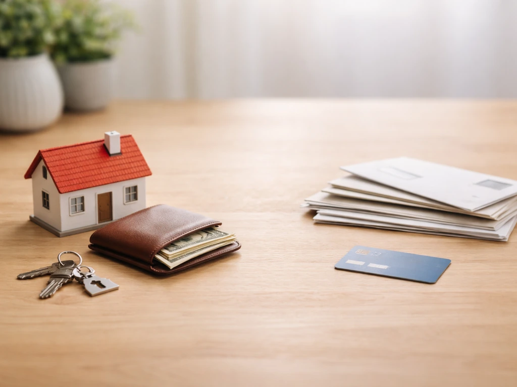 Minimal photo showing money and personal assets beside a few debt items in a simple, balanced scene