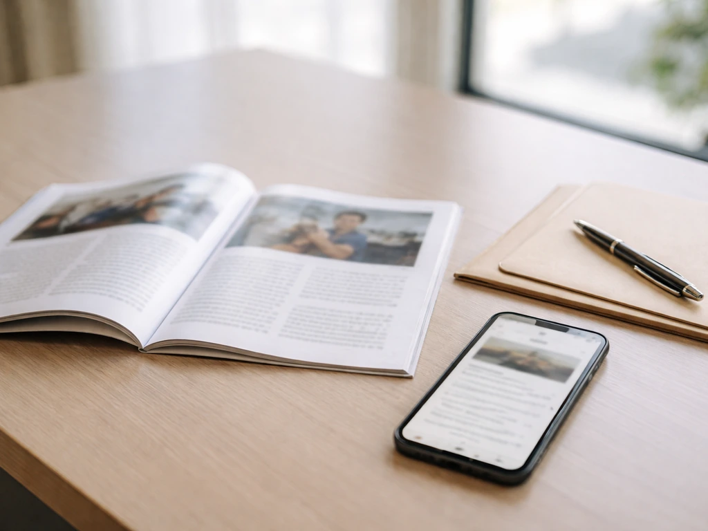 Minimal desk scene with a magazine printout and smartphone showing research sources, symbolizing reliable reporting